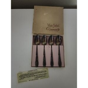 Vintage White Orchid Community Silverplate Demitasse Spoons Set 4 Box Guarantee